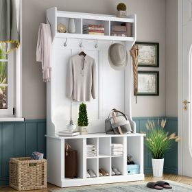6-Hook Tree Coat Hanger/Storage Bench, 39.4", White or Tiger (Color: White)
