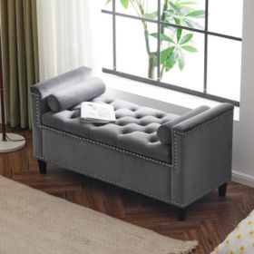 Velvet Nailhead Trim Storage Bench, 44.5", Gray or Cream (Color: Gray)