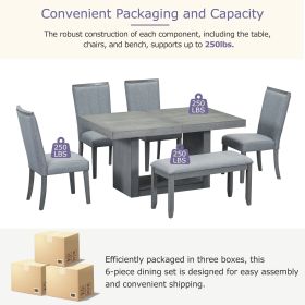 Contemporary 78" Pedestal Dining Table Set w/Leaf, 4 Upholstered Chairs, Bench (Color: Gray, Material: Rubber Wood)