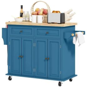 Rolling Kitchen Island Storage Cabinet, Turquoise Blue w/Rubberwood Top (Color: As Picture)