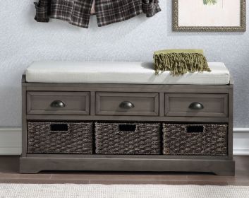 Wooden Storage Seating Bench, 3-Drawer, Gray, Black or White (Color: Gray, Material: MDF)