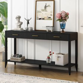 Sideboard Console Table with 3 Vertical Stripe Drawers (Color: Black, Material: MDF)