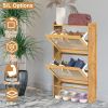 Slim Shoe Cabinet with 2 Flip Drawers, Bamboo