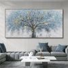 Hand Painted Abstract Tree Oil Painting, Blue with Gold, 8 Sizes